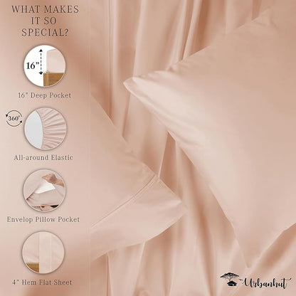 URBANHUT 800 Thread Count 100% Cotton Full Size Sheets, Luxury 4 Piece Full Bedsheets, Hotel Sheets Sateen Finish - Better Than Egyptian, 16" Elasticized Deep Pocket - Blush Pink
