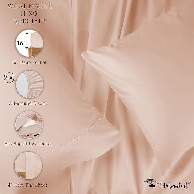 URBANHUT 800 Thread Count 100% Cotton California King Size Sheets, Luxury 4 Piece Cal King Bedsheets, Hotel Sheets Sateen Finish - Better Than Egyptian, 16" Elasticized Deep Pocket - Blush Pink
