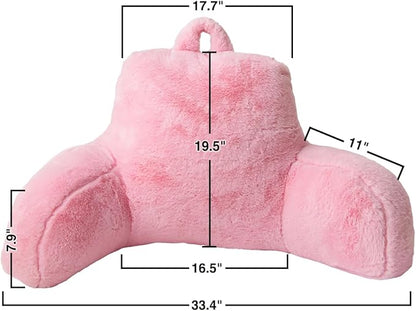 Holawakaka Large Faux Fur Bed Rest Pillow with Arms,Rabbit Fur Reading Pillows Perfect for Adults Men Women, Arm, Back, Pregnancy Lumbar & Head Neck Coccyx Lower Back Support Cushion (Pink)