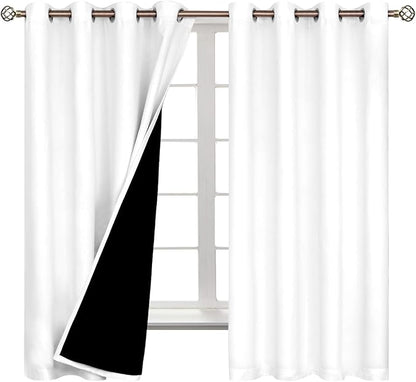 BGment Thermal Insulated 100% Blackout Curtains for Bedroom with Black Liner, Double Layer Full Room Darkening Noise Reducing Grommet Curtain (60 x 63 Inch, White, 2 Panels)