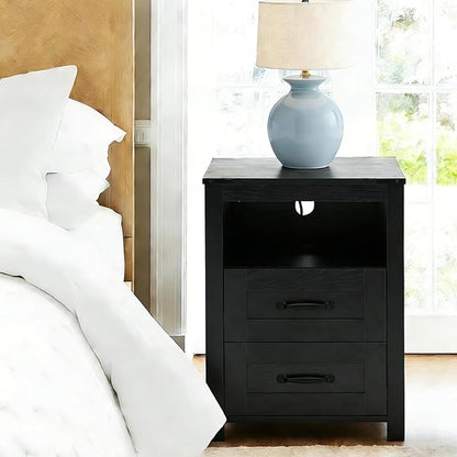 Black Rustic Night Stand, Farmhouse End Table, Modern Bedside Table with 2 Storage Drawers and Open Shelf, Tall Nightstand for Bedroom
