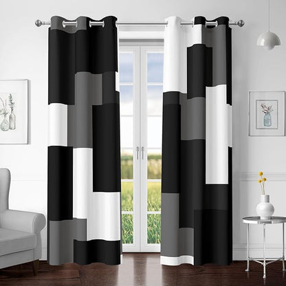 Black Grey 100% Blackout Curtains for Bedroom 63 inch Length 2 Panels Set White Grey Modern Abstract Geometric Black Out Curtains Insulated Room Darkening Window Drapes for Living Room, 42Wx63L