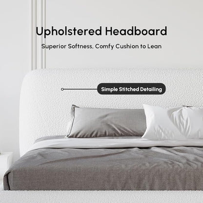 homary Curva Modern White Boucle King Size Platform Bed Set & Bedroom Bench with Solid Rubber Wood Legs, Upholstered Headboard, Comfortable & Stylish for Master Suite or Guest Room