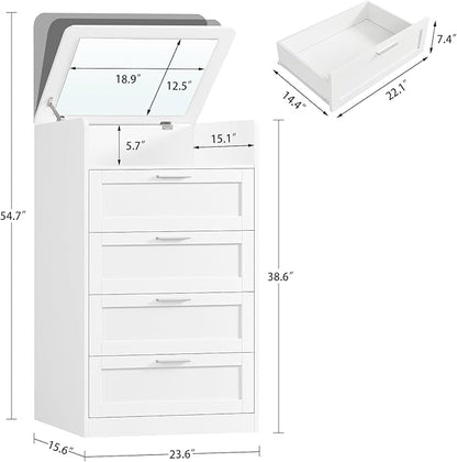 TEENFON Dresser for Bedroom, Tall White Dresser with 4 Drawers, Dressers with Mirror, Chest of Drawers for Bedroom, Living Room, Closet, Hallway, White