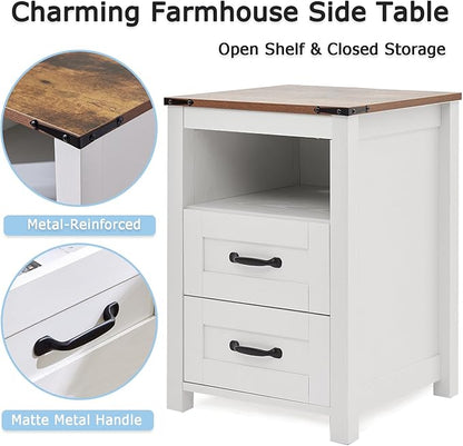 White Rustic Night Stand, Farmhouse End Table, Modern Bedside Table with 2 Storage Drawers and Open Shelf, Tall Nightstand for Bedroom