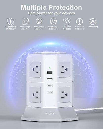 Tower Surge Protector Power Strip Flat Plugs with 8 Outlets 4 USB Ports (2 Type C), 6.5 FT Flat Extension Cord with Multiple Outlets, Charging Station with Surge Protection for Home Office Dorm