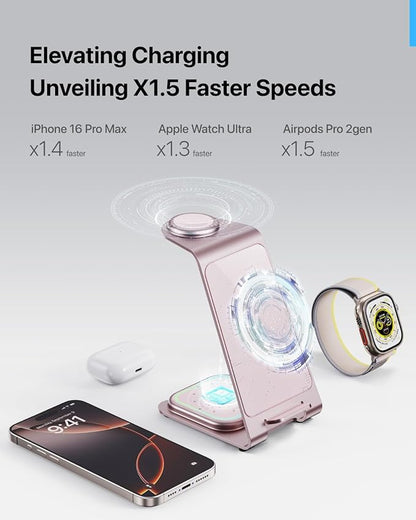 Intoval Aluminum 3 in 1 Wireless Charging Station for iPhone 17 16 15 14 13 12 11 Pro Max XR, Wireless Charger for Apple Watch 11 10 9 8 7 Ultra SE 3 2, Phone Charger for AirPods 4 Pro 2 3 (Pink)