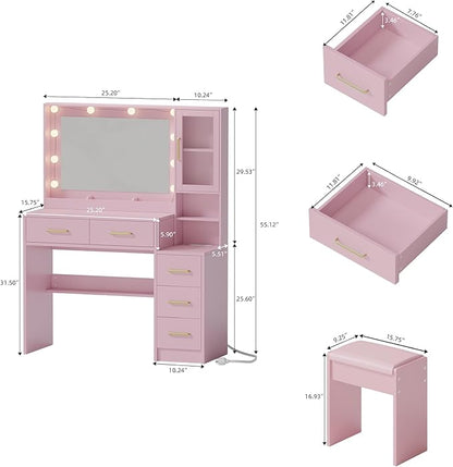 Makeup Vanity with Lights & Charging Station, Pink Vanity Table with 5 Drawers & Open Storage Shelves, Vanity Desk with Mirror & Lights, Dressing Table Set, Bedroom Makeup Table Set Gold Handle