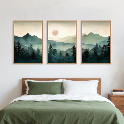 LHIUEM Large Boho Mountain Framed Wall Art Set,Green Foggy Forest Wall Painting,Abstract Nature Sunrise Artwork,Watercolor Pine Tree Wall Decor for Living Room,Bedroom,Office-16''x24''x3