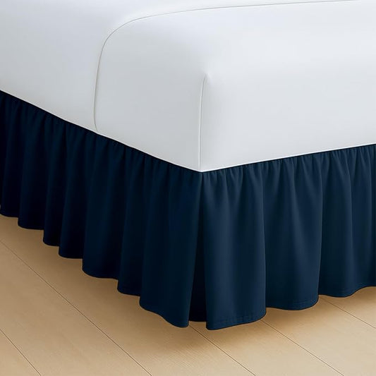 Rajlinen Ruffled Bed Skirt Twin XL, 12 Inch Drop Dust Ruffle with Split Corners, 100% Microfiber Bedskirt with Platform, Three-Sided Coverage Ruffled Gathering Design, Navy Blue