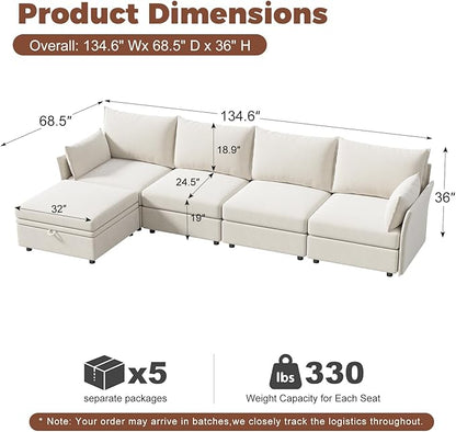 ABCASA 102.6" Modular Sectional Sofa, L Shaped Couch Set for Living Room, 3-Seater Comfy Cloud Couches with Movable Storage Ottoman,DIY Combination - Chenille White