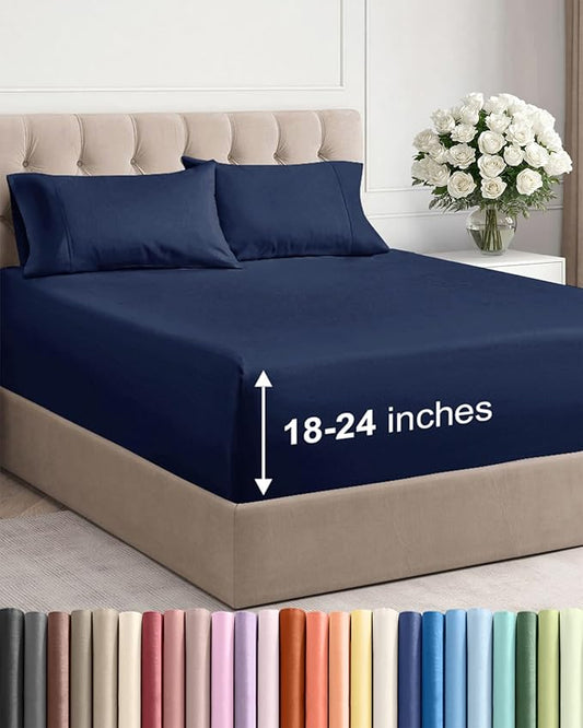 Extra Deep Twin Sheet Set - 4 Piece Breathable & Cooling Sheets - Hotel Luxury Bed Sheets Set - Easy & Secure Fit - Soft, Wrinkle Free & Comfy Sheets Set - Navy Blue Sheet Set with Extra Deep Pockets