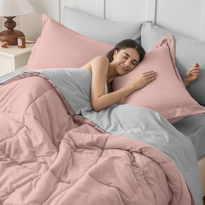 JOLLYVOGUE California King Comforter Set, Ultra-Soft Bed in a Bag Cal King Size 7 Pieces, Oeko-TEX Certified Bedding Set With Down Alternative Comforter, Sheets, Pillowcases & Shams, Pink & Light Grey
