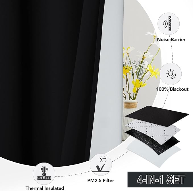 RYB HOME PM 2.5 Filter Curtains for Living Room/Bedroom, Soundproof Blackout Large Window Curtains for Dust Sandstorms Smog Pollen Odor Filtering, Black, W42 x L84 inch, 2 Panels