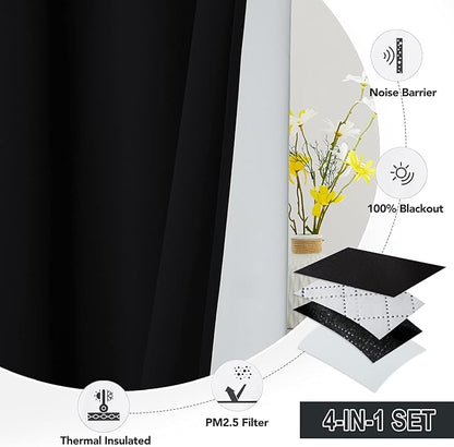RYB HOME Blackout Soundproof Curtains for Living Room, Anti Dust UV Rays Block Drapes Melt Blown Fabric Liner for Mountain Fires Smog Pollen Odor Filtering, Black, W52 x L63 inch, 2 Panel