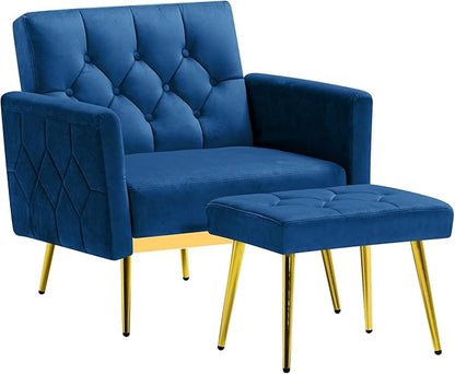 Velvet Accent Chair w/Adjustable Armrests and Backrests, Tufted Single Sofa with Ottoman, Upholstered Reading Chiar for Living Room, Apartment, Bedroom, Blue