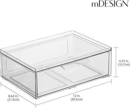 mDesign Plastic Wide Stackable Closet Storage Organizer Bin Containers with Front Pull Drawer for Cabinet, Desk, Shelf, Cupboard, or Dresser Organization, Lumiere Collection, 2 Pack - Clear