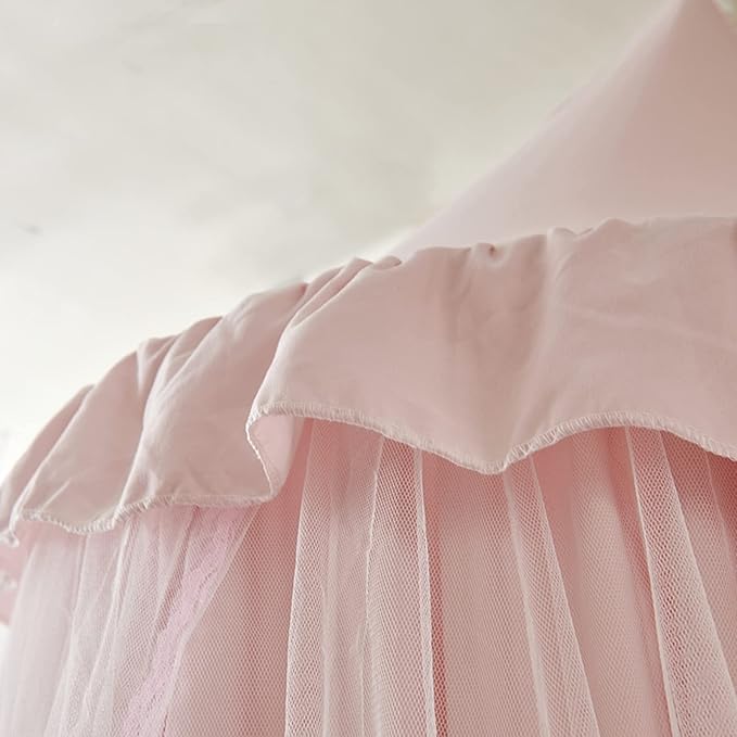 VETHIN Bed Canopy for with Lights,Double Layer Princess Round Dome Dreamy Mosquito Net Bedding Girls Room Castle Play Tent Hanging House Decor Reading Nook Canopies(Beige Pink/White)
