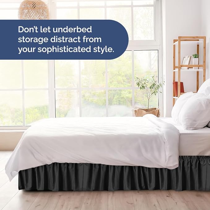Wrap Around Dust Ruffle Bed Skirt - Black - Twin/Twin XL Size Beds with 24 Inch Drop - Easy Fit Elastic Strap - Adjustable Pleated Bedskirt w/Brushed Fabric - Wrinkle Free - Women, Men, Kids & Teens