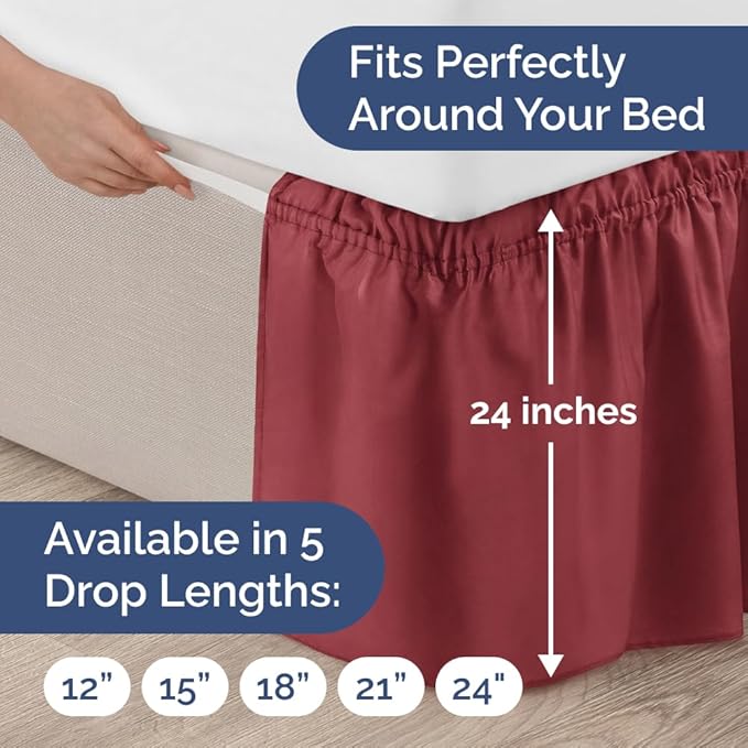 Wrap Around Dust Ruffle Bed Skirt - Burgundy - for Full Size Beds with 24 Inch Drop - Easy Fit Elastic Strap - Adjustable Pleated Bedskirt w/Brushed Fabric Wrinkle Free - for Women, Men, Kids & Teens