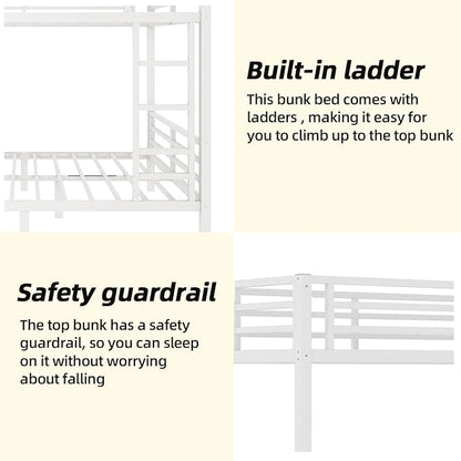 Full Over Full Bunk Bed Frame, Heavy Duty Metal Loft Bed for Adults/Teens, 350/500LB Capacity w/Ladder & Guardrail, Noise-Free Steel Slats, No Box Spring Required, White