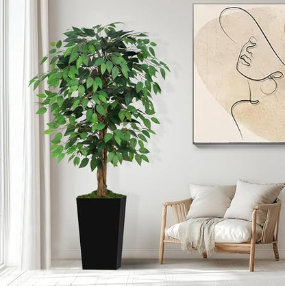 5ft Ficus Artificial Tree with 3 Natural Curved Trunks, 60" Tall Lush Faux Tree for Home Decor Indoor, Green Lifelike Fake Ficus Tree with Black Planter Pot