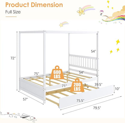 Giantex Canopy Bed with Trundle, Full Size Kids Solid Wood Platform Bed Frame w/Headboard Wooden Twin Trundle Bed for Boys Girls, No Box Spring Needed (White)
