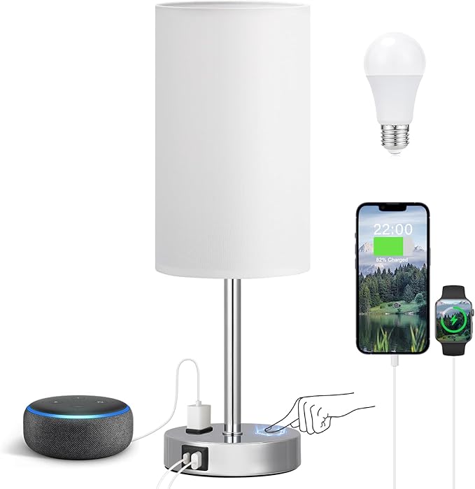 Fenmzee Touch Bedside Lamp - White, 3-Way Dimmable, USB A + C Charging, AC Outlet, 17.4inch Medium