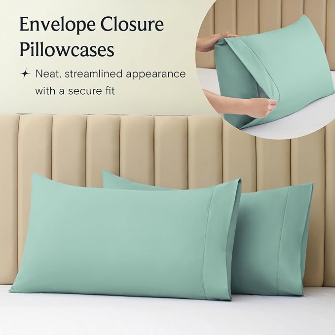 LuxClub 4 PC Full Sheet Set, Deep Pockets Wrinkle Free Cooling Bed Sheets Hotel Bedding for Women, Men, Kids & Teens, Includes 1 Fitted Sheet, 1 Flat Sheet and 2 Pillowcases-Soft Light Teal