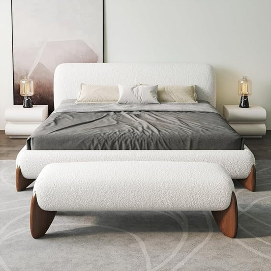 homary Curva Modern White Boucle King Size Platform Bed Set & Bedroom Bench with Solid Rubber Wood Legs, Upholstered Headboard, Comfortable & Stylish for Master Suite or Guest Room