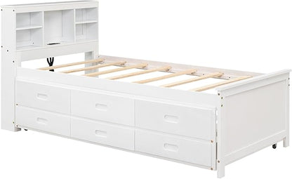 Platform Bed with Storage Headboard, USB, Twin Size Trundle and 3 Drawers, Twin Size, White