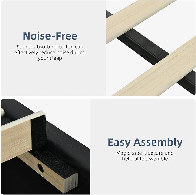 Queen Size Bed Frame with Headboard and LED Lights, Modern Upholstered Faux Leather Platform Bed with Wooden Slats Support, No Box Spring Needed, Easy Assembly, Black