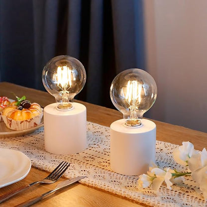 JHY DESIGN Set of 2 White Table Lamp Battery Powered 7" Tall Cordless Lamp Light with Edison Style Bulb Battery Operated Great for Living Room Bedroom Weddings Parties Patio Events