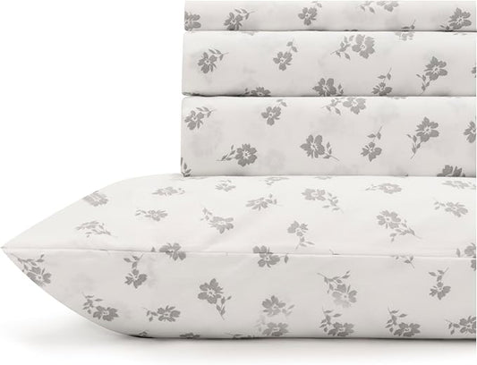 Linen Home 100% Cotton Printed Percale Sheets California King Size, Deep Pocket, 4 Pieces Set - 1 Flat, 1 Deep Pocket Fitted Sheet and 2 Pillowcases, Crisp Cool Bed Linen, Grey Silhouette Floral