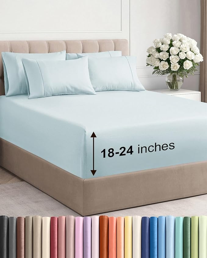 Extra Deep Cal King Sheet Set - 6 Piece Breathable and Cooling Sheets - Hotel Luxury Bed Sheets Set - Easy Fit - Soft, Wrinkle Free and Comfy Sheets Set - Ice Blue Sheet Set with Extra Deep Pockets