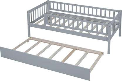 Bellemave Twin Kids Bed Frames with Rails for Kids, Twin daybed with Trundle for Boys/Girls/Adults，Gray