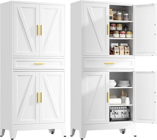 71" Tall Farmhouse Pantry Cabinet,Metal Cabinet with Adjustable Shelves and Drawer,Storage Cabinet for Kitchen Dining Room Garage,White
