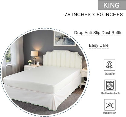HIG Off-White Chic King Bed Skirt - Easy Fit Scallop Edge Pleated Bedskirts, 14 Inch Drop Anti-Slip Dust Ruffle, Thick Fabric for Enhanced Privacy, Pre-Washed for Long-Lasting Use(N60022)