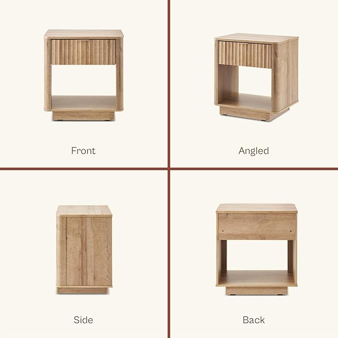 mopio Brooklyn Fluted Nightstand, Modern Farmhouse Nightstand, Small Side, Wood Bedside Table with Drawer, End Table with Storage, Fluted Night Stand, Curved Profile (Golden Oak, Single)