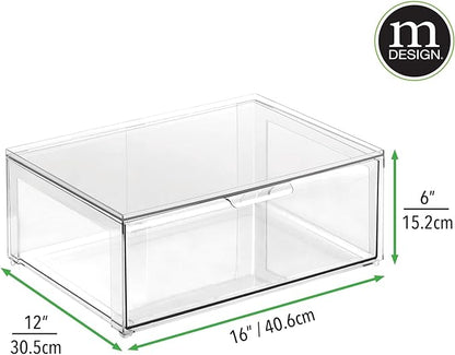 mDesign Plastic Stackable Bathroom Storage Organizer Bin Containers with Front Pull Drawer for Bathroom Countertop, Vanity, Closet Shelves - Holder for Accessories - Lumiere Collection, 2 Pack, Clear