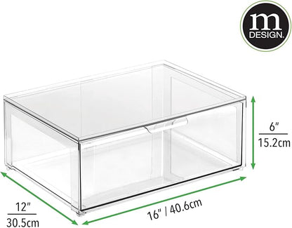 mDesign Plastic Stackable Closet Storage Organizer Bin Containers with Front Pull Drawer for Cabinet, Desk, Shelf, Cupboard, or Dresser Organization - Lumiere Collection - 2 Pack - Clear
