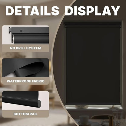 HESTIA No Drill Cordless Blackout Roller Shades Screwless Waterproof Shower Window Blinds, Auto-Retraction Easy Install Blind for Bathroom/Kitchen/Office/Exterior, Black, 32" W x 72" H