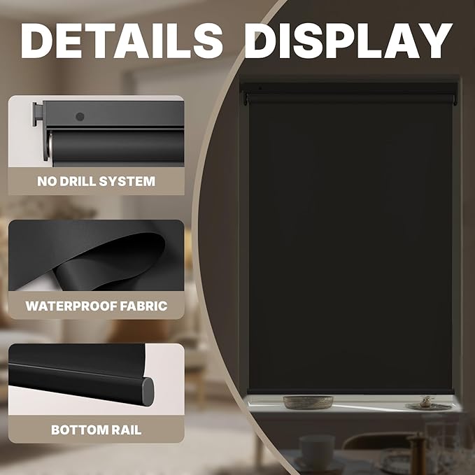 HESTIA No Drill Cordless Blackout Roller Shades Screwless Waterproof Shower Window Blinds, Auto-Retraction Easy Install Blind for Bathroom/Kitchen/Office/Exterior, Black, 27" W x 54" H