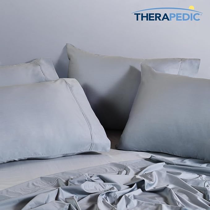 Therapedic 1000TC Queen 6-Piece Sheet Set - 100% Organic Rayon Dervied from Bamboo Blend with Cooling Fiber, Ideal for Hot Sleepers - 16" Deep Pocket Fitted Sheet, Bonus Pillowcases - Light Blue