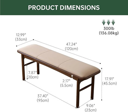 47.2'' Leather Upholstered Dining Bench with 100% Solid Oak Wood Bench Frame, Padded Bed End Bench Ottoman for Kitchen Living Room Bedroom Entryway, Champagne
