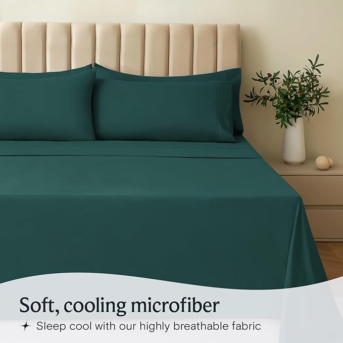 LuxClub 5 PC Split King Sheet Set, Deep Pockets Wrinkle Free Cooling Bed Sheets Hotel Bedding for Women, Men, Includes 2 Fitted Sheet, 1 Flat Sheet and 2 PillowcasesSoft Emerald