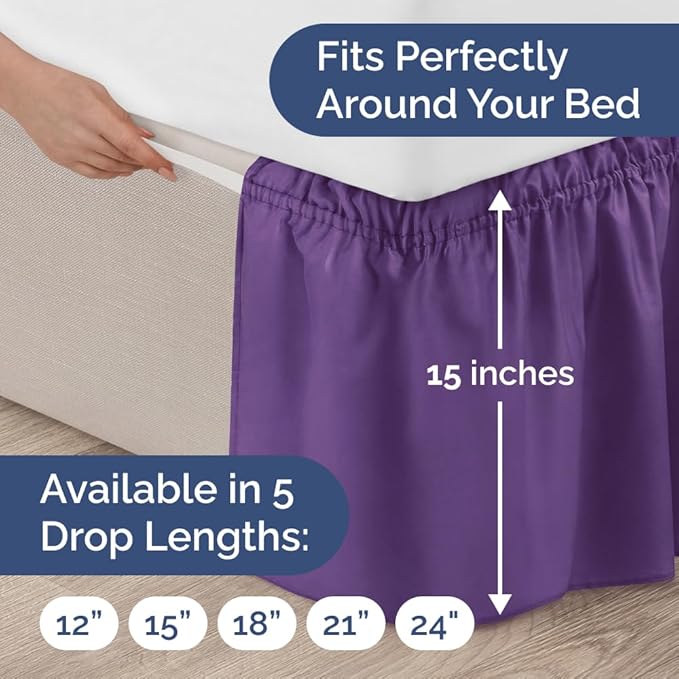 Wrap Around Dust Ruffle Bed Skirt - Purple - for King Size Beds with 15 Inch Drop - Easy Fit Elastic Strap - Adjustable Pleated Bedskirt w/Brushed Fabric - Wrinkle Free - for Women, Men, Kids & Teens