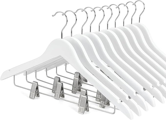 TOPIA HANGER Wooden Suit Hangers with Adjustable Metal Clips (10 Pack), Solid Smooth Wood Clothes Hangers, 360° Swivel Hook, Premium Pants Hangers for Clothes Coat, Jeans, Blouse-White,CT28W