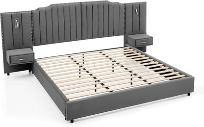King Size Bed Frame with Storage, Luxury King Platform Bed Frame with Headboard, Velvet Fabric Upholstered Bedframe with LED Lights, Solid Frame & Bedside Table, No Box Spring Needed, Gray
