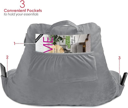 Nestl Reading Pillow with Shredded Memory Foam, Designed for Sitting Up in Bed and Couch, Back and Arms Adjustable Support for Adult & Teens Backrest Pillows for Reading, with Washable Cover Grey